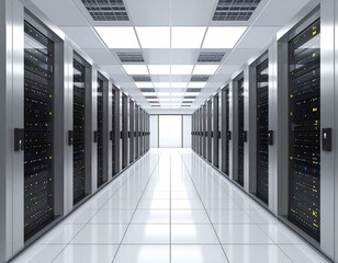 3D render of computing server room, clean and modern