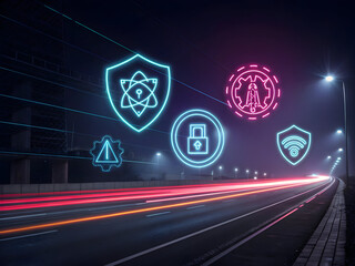 Glowing cyber security symbols over a dark highway at night abstract neon