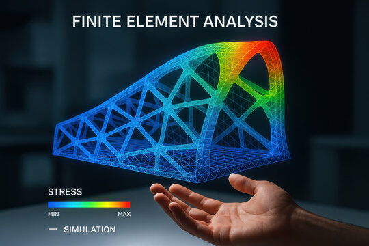 Finite element analysis with stress simulation on mechanical structure model held by hand