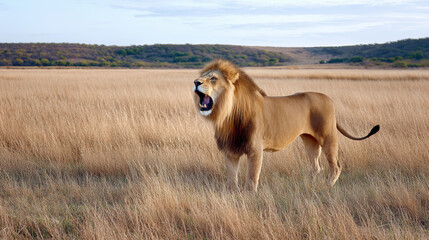 Majestic lion roaring in golden grass at dawn, showcasing beauty of African savanna