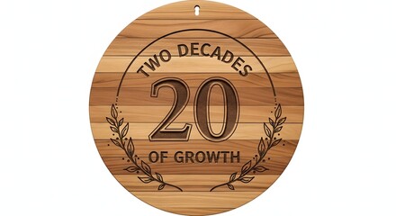 Engraved Wooden Plaque Commemorating a Twenty Year Anniversary of Growth Isolated on a White Background