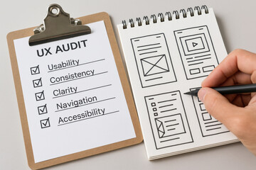 UX audit checklist with usability, clarity, and accessibility checked and wireframe sketches