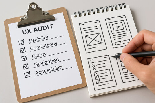 UX audit checklist with usability, clarity, and accessibility checked and wireframe sketches