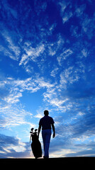 Lone golfer walks with bag at twilight, surrounded by dramatic clouds and vibrant sky, evoking sense of tranquility and reflection