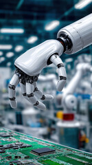 Robotic hand delicately interacts with circuit board in high tech environment, showcasing advanced technology and precision