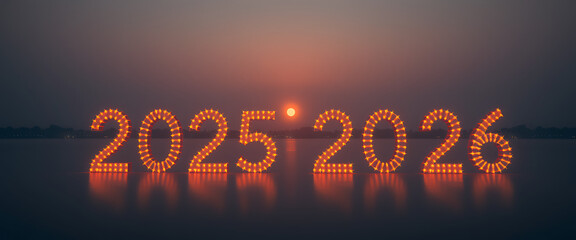 Illuminated 2025-2026 numbers glowing at sunset over calm water, symbolizing new beginnings and future hopes.