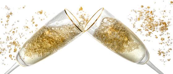 Two champagne glasses clinking in celebration.