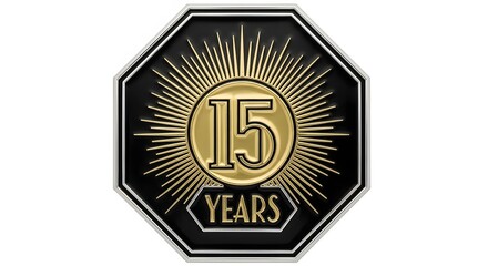 Naklejka premium Gold Fifteen Year Anniversary Pin with Black Enamel and Sunburst Design Isolated on White