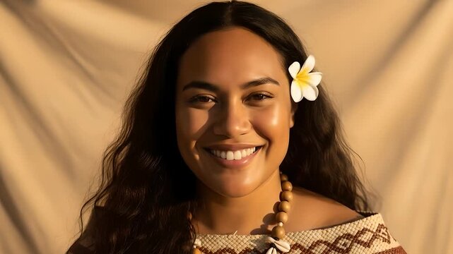 Polynesian beauty smiles serenely, flower adorns hair. Authentic culture, tradition concept. Perfect for travel, beauty, wellness themes. Cultural pride, island life.