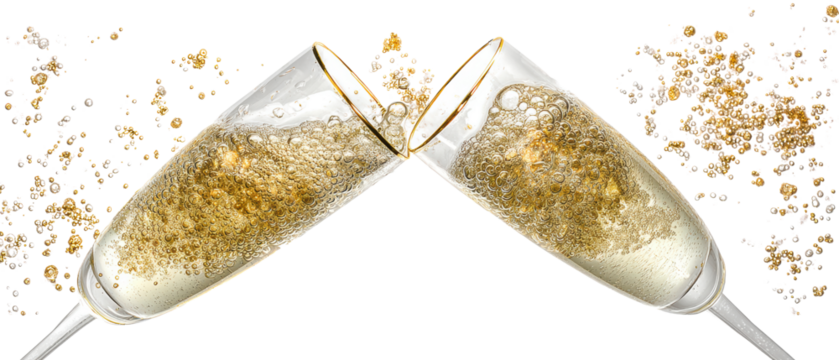 Two champagne glasses clinking in celebration.