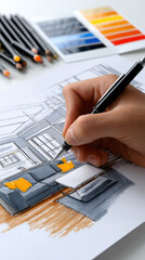 Hand drawing interior sketch with colored pencils, showcasing modern living room design