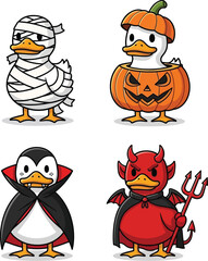 Fototapeta premium Cute Halloween Ducks: Mummy, Pumpkin, Vampire and Devil Illustration