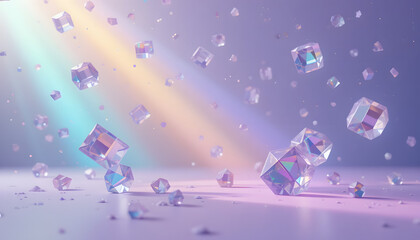 Sparkling geometric crystals float enchantingly, catching soft pastel light in a mesmerizing abstract scene.