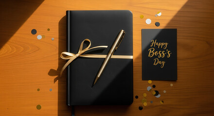 Black notebook with golden pen and "Happy Boss's Day" card on wooden desk, copy space
