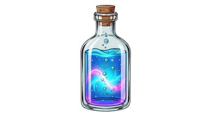 Cosmic potion in a glass bottle with a cork, sparkling stars, and a swirling galaxy inside, magical elixir concept