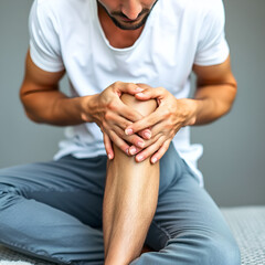 Man holding both hands on bent knee in vulnerable seated pose. Concept of injury prevention, osteopathy, men mental health, body awareness, stress relief, and identity.