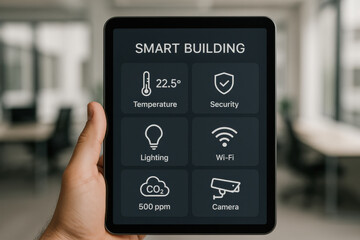 Smart building control panel tablet showing temperature, security, lighting, Wi Fi, CO2