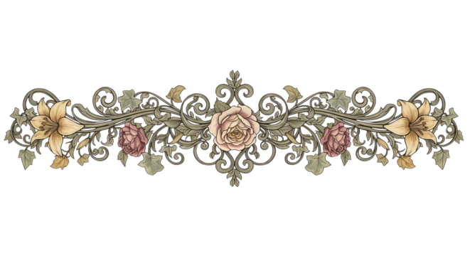 Elegant vintage floral ornament border for decoration isolated PNG with Transparent Background