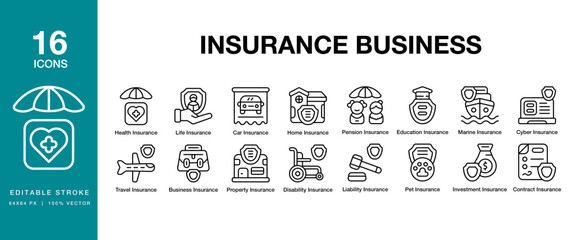 Insurance Business icon set. Includes insurance, finance, financial, investment, home, and More. Editable Stroke Icon Collection.