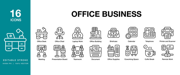 Office Business icon set. Includes corporate, office, business, work, meeting, and More. Editable Stroke Icon Collection.