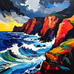 A vibrant and dramatic expressionist painting of a stormy seascape with colorful cliffs and crashing ocean waves