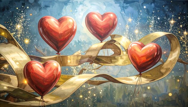 Heart balloons on golden ribbon