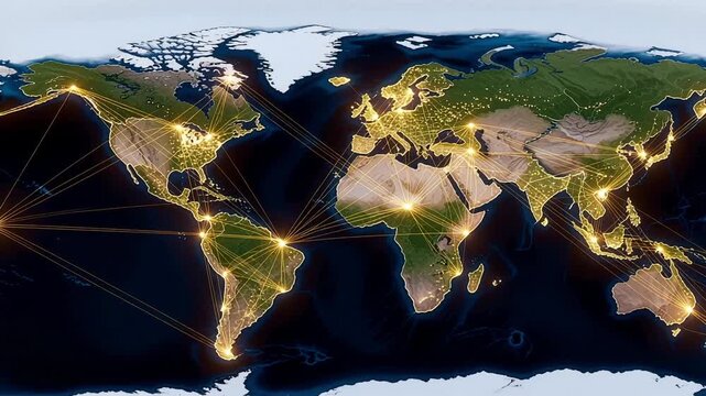 Europe glows on animated world map, highlighting business connections and global economy dynamics