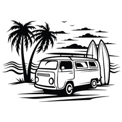 Black Vintage Bus with Surfboard on Beach Silhouette on White Background