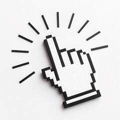 Pixelated hand cursor clicking with rays of light