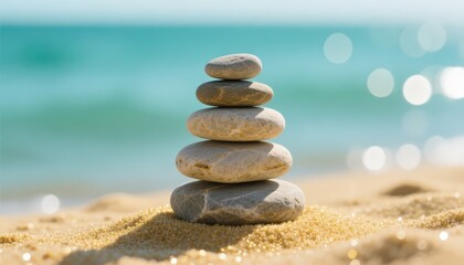 Zen Stone Stack on Beach Balance, Mindfulness and Serenity Concept
