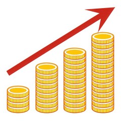 Growing stack of gold coins with upward trend arrow