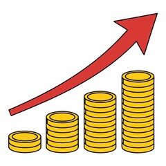 Growing stack of coins with upward trending arrow