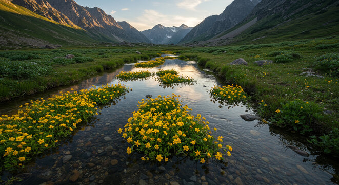 Serene mountain valley stream with vibrant yellow wildflowers and golden sunlight illuminating the peaks - Powered by Adobe