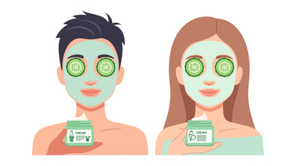 Couple enjoying a relaxing spa treatment with cucumber slices on eyes and face masks for skincare and rejuvenation