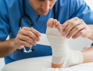 Injured foot treated carefully with sterile and professional bandage