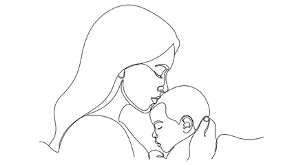 Minimalist One Line Drawing of a Loving Mother Embracing Her Sleeping Baby Against a White Background