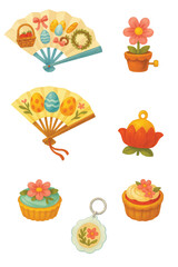 Spring Vibes Elements Bundle #10—Hand-held Fan, Flower Deco, Flower Keychain, and Cupcakes. Design Element. Clip art. Suitable for artwork design. Editable for any design.