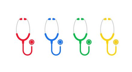 Four colorful stethoscopes arranged side-by-side showing medical equipment variety vector