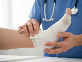 Foot treatment performed professionally using sterile medical bandage wrap.