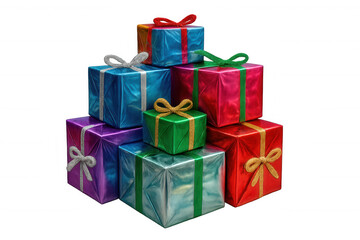 Metallic and colorful gift boxes stacked together, creating a festive christmas scene with a transparent background