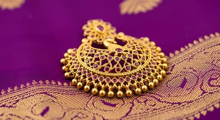 Obraz premium Ornate Traditional Gold Earring with Red Gems on a Rich Purple and Golden Silk Fabric