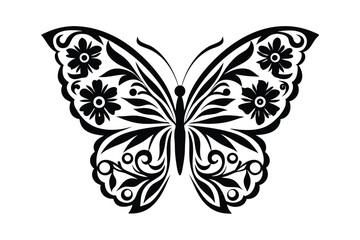 Butterfly with intricate wing patterns surrounded by elegant flowers forms a beautiful monochrome artwork