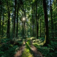 Sunlit Path Through a Dense Green Forest