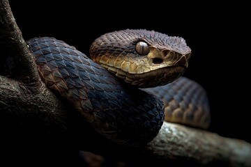 Fototapeta premium Intricate scales and mesmerizing eyes on a venomous snake coiled on a branch, conveying wild power and a dangerous beauty found in nature's wonders