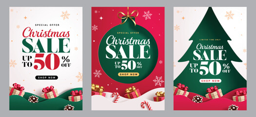 Christmas Sale poster clipart set. Christmas Sale 50% off shopping discount clip art with colorful paper cut style ball, pine tree shape and gift box elements Christmas limited time advertisement 