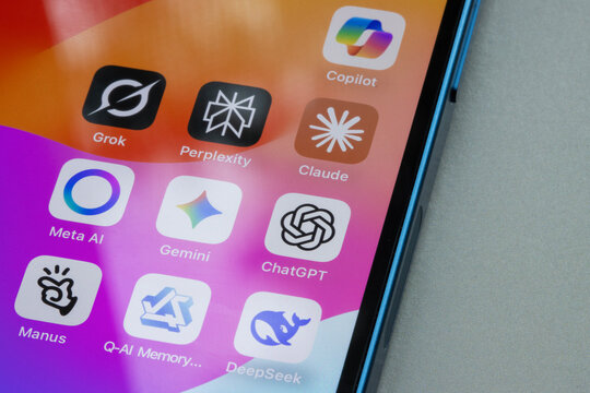 Portland, OR, USA - Sep 5, 2025: Assorted AI apps, including Copilot, Grok, Perplexity, Claude, Meta AI, Gemini, ChatGPT, Manus, Q-AI Memory Chatbot, and DeepSeek, are seen on the screen of an iPhone.