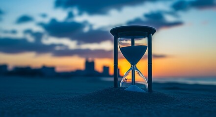 Hourglass on beach sand during a vibrant sunset symbolizing passing time and finite moments