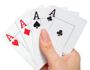 Hand Holding a Poker Hand of Five Cards, Side View, Isolated PNG