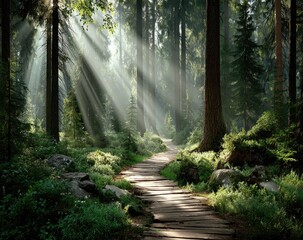 Obraz premium Sunbeams Through the Forest