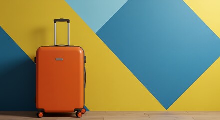 A bright orange suitcase stands poised against a striking yellow and blue geometric wall, embodying the vibrant energy and eager anticipation of an exciting journey or a getaway